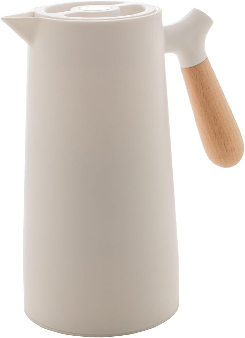 WLFF - White Thermal Coffee Carafe – 34oz / 1L Insulated Carafe - Food-Safe Plastic Exterior and Glass Liner, Wood-Style Handle – Keeps Drinks Hot or Cold, Leakproof Coffee and Tea Dispenser - Image 1